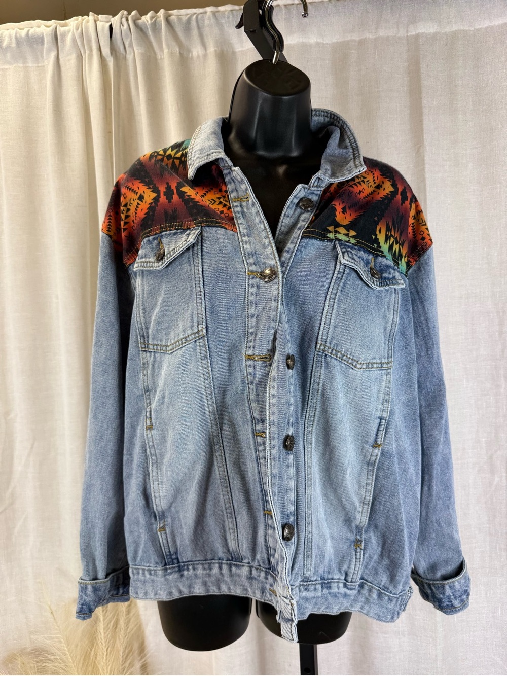 Crazy Train Light Blue Denim Jacket with Southwestern Red-Orange Yoke